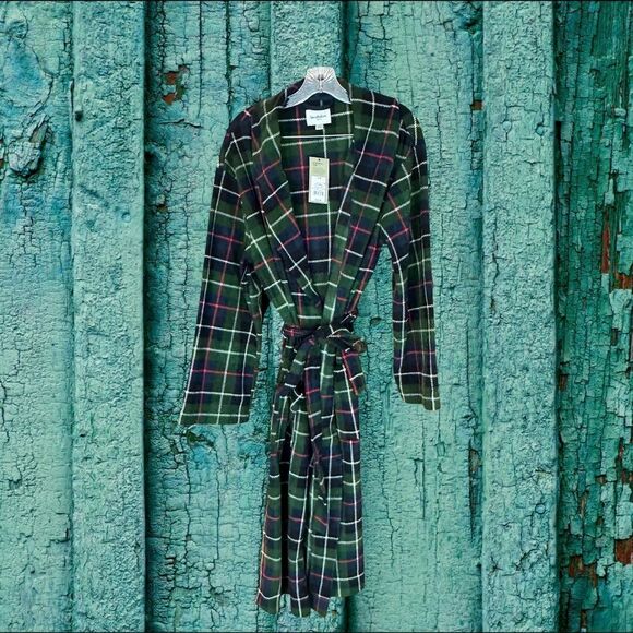 NWT Goodfellow Mens Fleece/Fuzzy Plaid Tartan Bath Robe Pockets Green/Blue Small - Picture 6 of 6